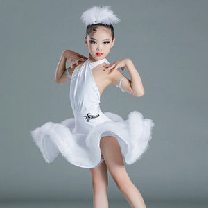 Girls Latin Dance Dress, White Halter Feathered Ruffle Skirt, Red Halter Feathered Ruffle Skirt