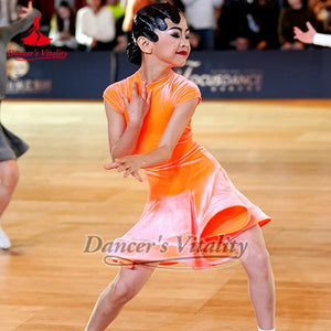 Girls' Orange Short Sleeve Mock Neck Latin Dance Dress with Pleated Skirt