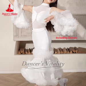 Girls' White & Black Mock Neck Mesh Pearl Latin Dance Dress with Ruffled Skirt