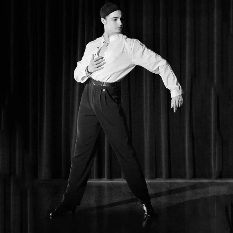 Men's Black Pleated Dance Trousers - Polyester Blend, High-Waisted, Straight Leg for Latin Ballroom