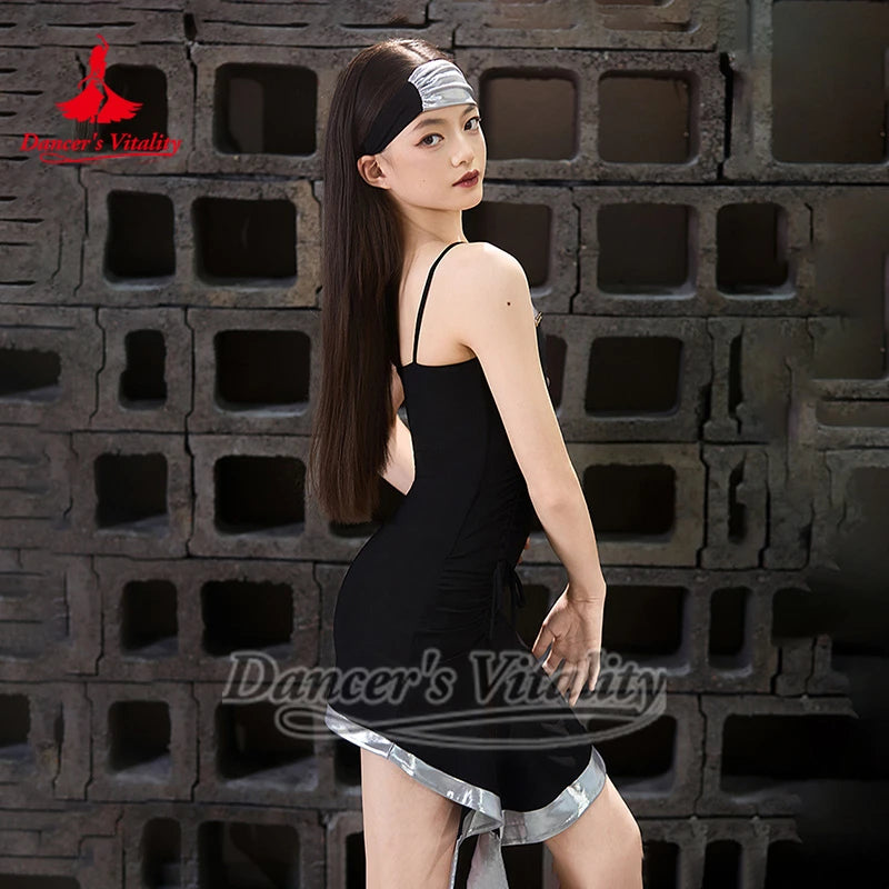 Dance Leotard, Girls White Shimmer Spaghetti Strap Ruched Side Dance Leotard with Light Blue Headband, Latin Dance