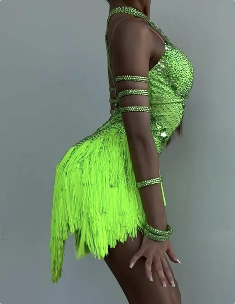 Women's Neon Green Sequin Fringe Latin Dance Dress