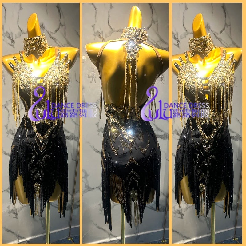 Latin Dance Dress Women Black Gold Fringe Crystal Choker Halterneck Backless Sequin Tassel Rhythm Salsa Tango Performance
