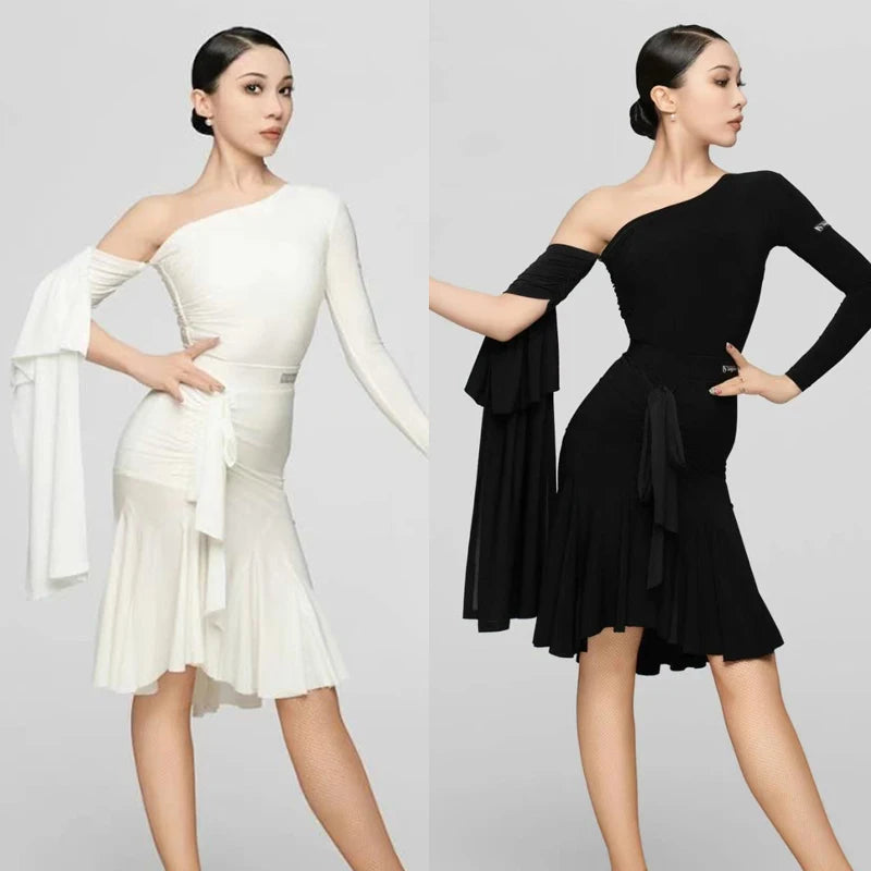 Women's Black & White One-Shoulder Ruched Latin Dance Dress with Flowing Sleeves