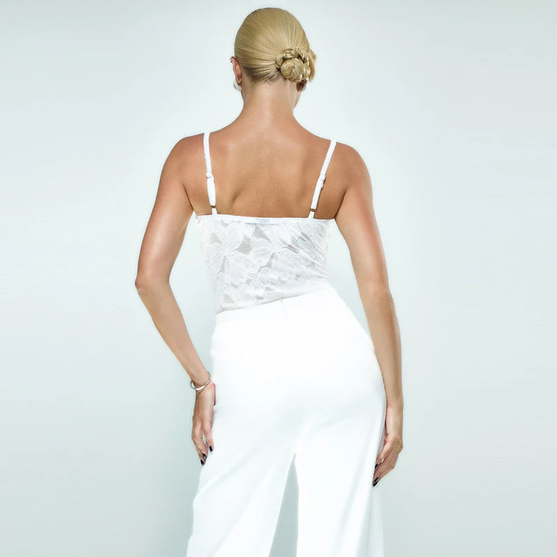 Women's White Lace & Solid Spandex V-Neck Camisole Bodysuit, Latin Ballroom Dance