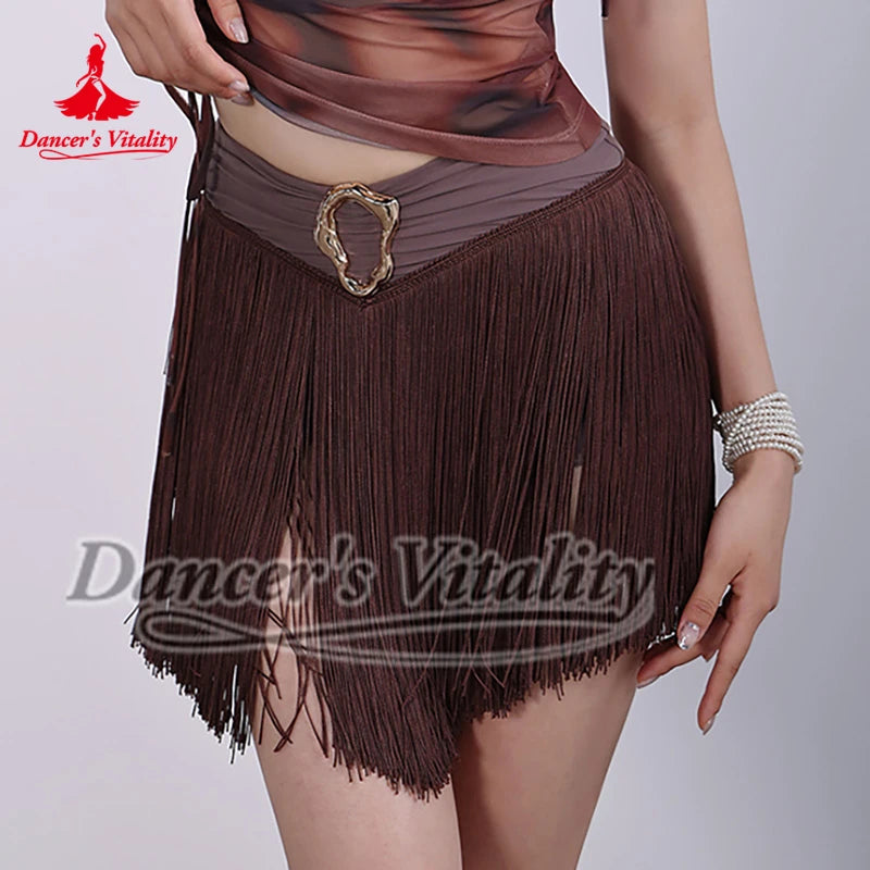 Women's Brown Mesh Sleeveless Tie-Side Fringe Skirt Latin Dancewear Set