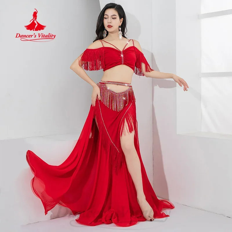 Belly Dance Costume Womens Red Chiffon Fringe & Rhinestone Off-Shoulder Crop Top & High-Slit Maxi Skirt Set