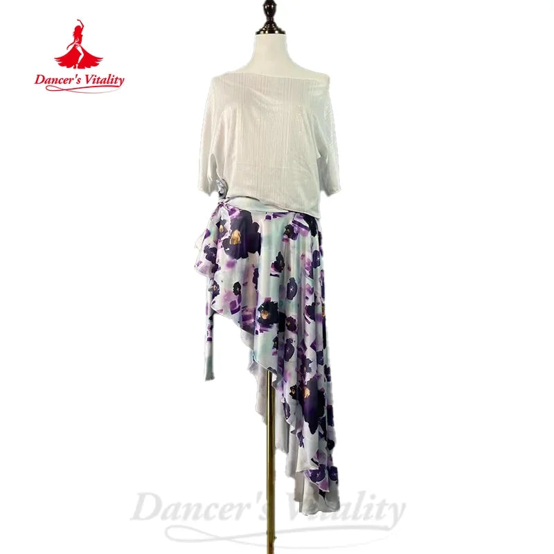 Women's Pink Off-Shoulder Crop Top and Floral Asymmetrical Skirt Set, Lightweight Dance Practice Outfit