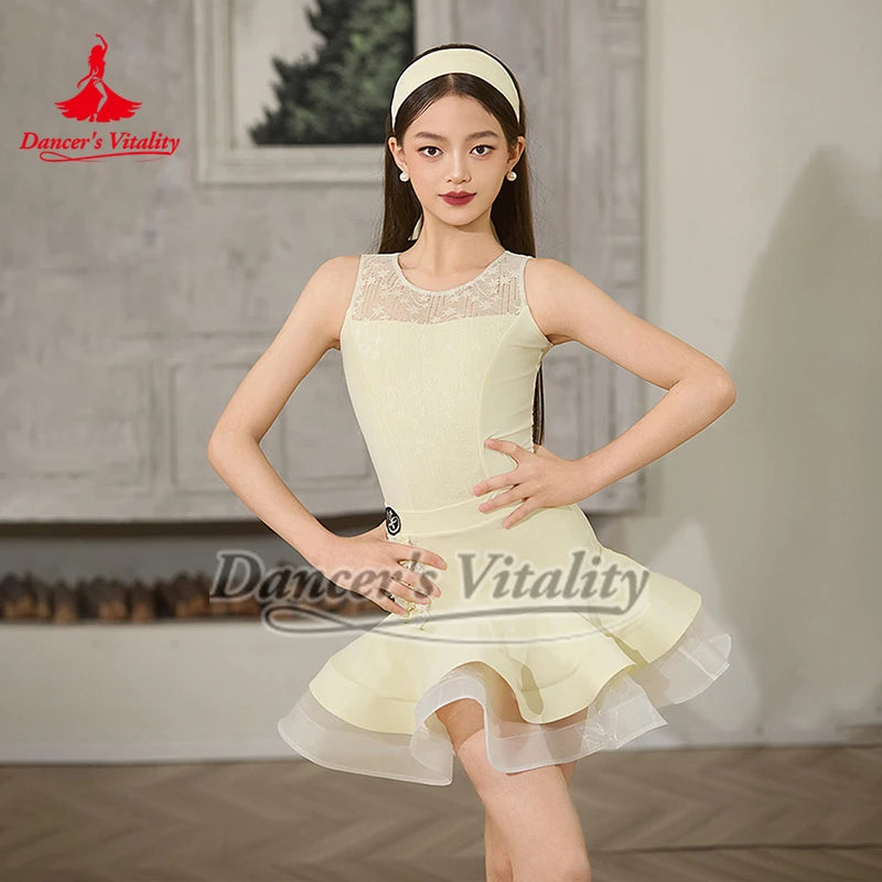Girls' Light Blue & Light Yellow Lace Sleeveless Ruffle Hem Latin Dance Dress