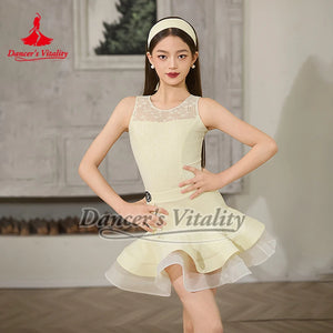 Girls' Light Blue & Light Yellow Lace Sleeveless Ruffle Hem Latin Dance Dress