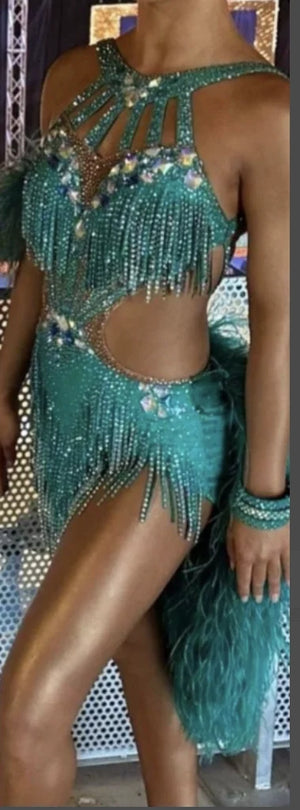 Latin Dance Dress Women's Teal Embellished Fringe Cutout Rhinestone Feather Salsa Rumba Cha Cha Costume