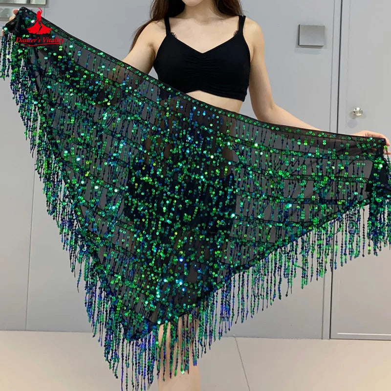 Belly Dance Hip Scarf, Women's Green Sequin Tassel Fringe Wrap Skirt, Asymmetrical Latin Dance Belt