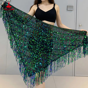 Belly Dance Hip Scarf, Women's Green Sequin Tassel Fringe Wrap Skirt, Asymmetrical Latin Dance Belt
