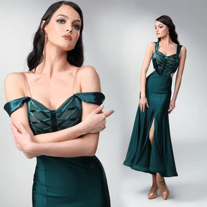 Women's Emerald Green, Burgundy, Black, Dusty Rose, and Copper Sleeveless Lace-Up Side Cut-Out Tango Dance Dress