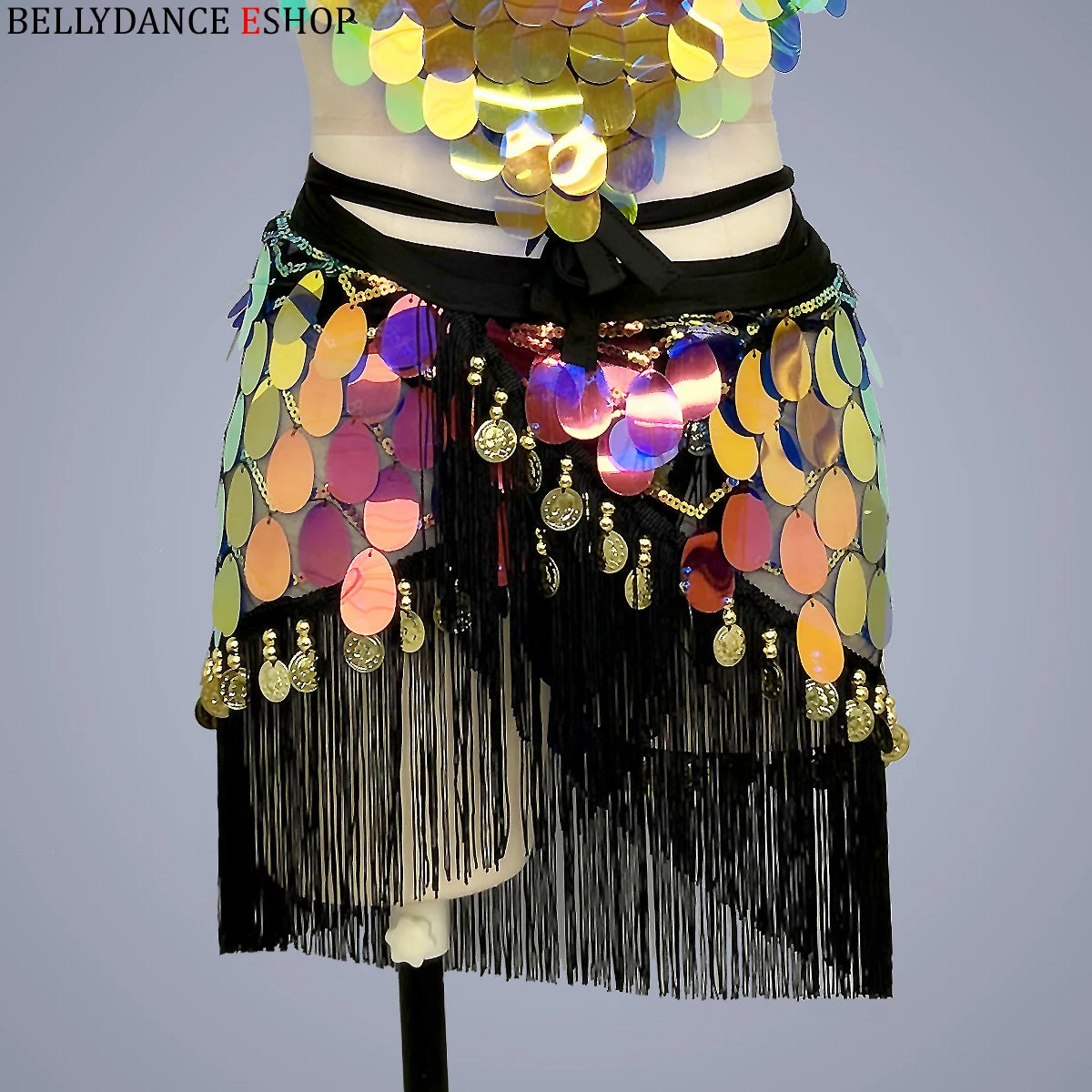 Belly Dance Halter Top and Skirt Set, Women's Iridescent Sequin Fringe Latin Dance Costume