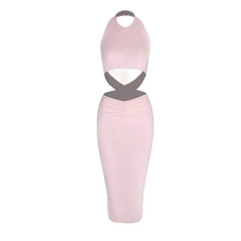 Women's Pink Halter Neck Ruched Cutout Bodycon Midi Dress for Latin Dance
