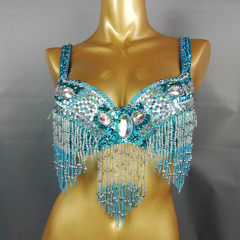 Women's Black Sequin Beaded Fringe Belly Dance Bra Top