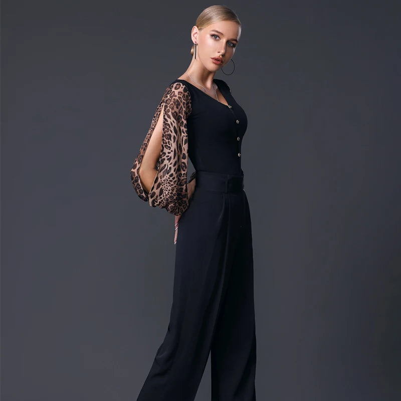 Women's Black V-Neck Chiffon Sleeve Bodysuit with Decorative Buttons, Ballroom Dance