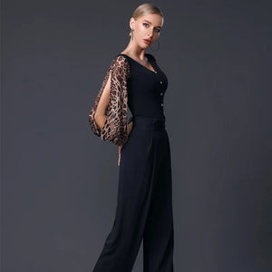 Women's Black V-Neck Chiffon Sleeve Bodysuit with Decorative Buttons, Ballroom Dance