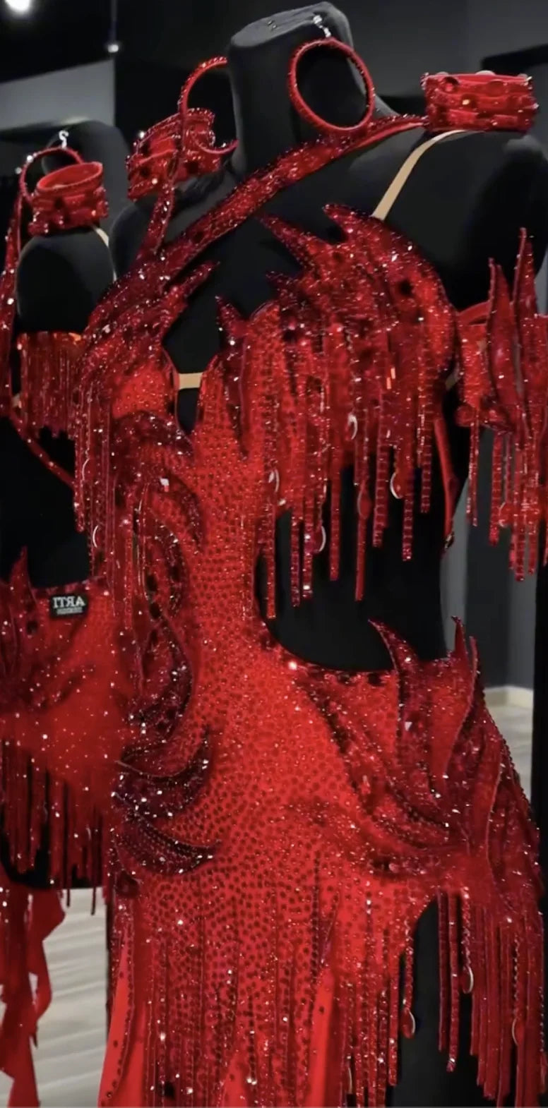 Women's Red Rhinestone Fringe Latin Rhythm Ballroom Dance Dress with Ruffled Skirt