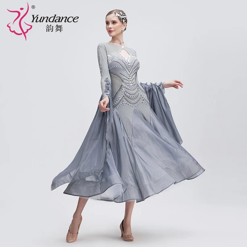 Women's Standard Ballroom Dance Dress In Gray Chiffon For Competition
