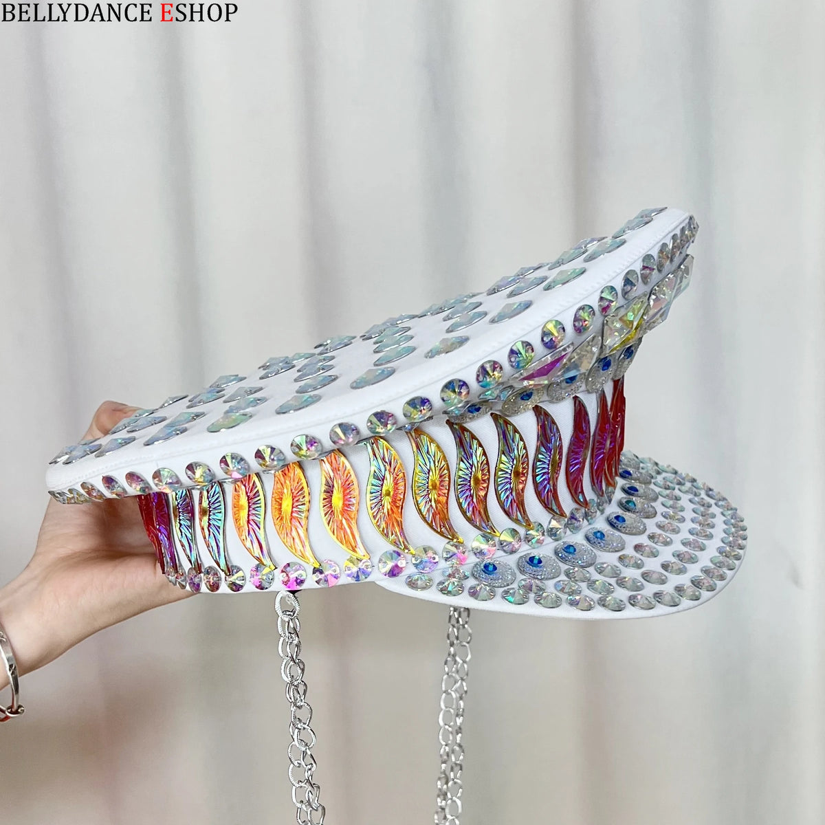Women's White Iridescent Crystal Sequin Military Captain Hat with Chain, Festival Dance