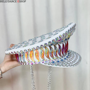 Women's White Iridescent Crystal Sequin Military Captain Hat with Chain, Festival Dance