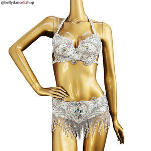 Belly Dance Bra and Belt Set, Women's White Embellished Sequin and Bead Halter Top and Fringe Hip Scarf, Professional Performance Costume