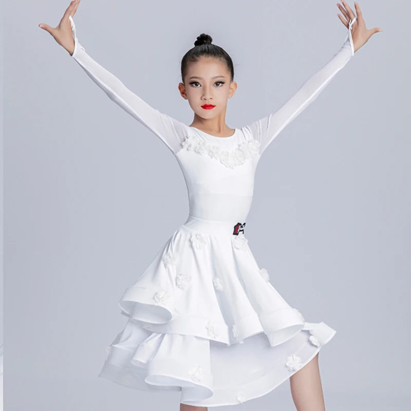 Girls White Ruffle Long Sleeve Latin Dance Dress with Floral Appliques
