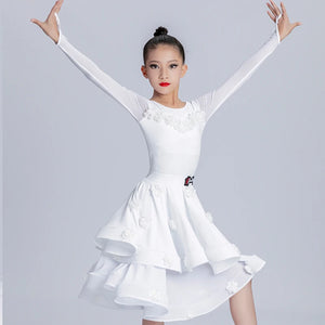 Girls White Ruffle Long Sleeve Latin Dance Dress with Floral Appliques
