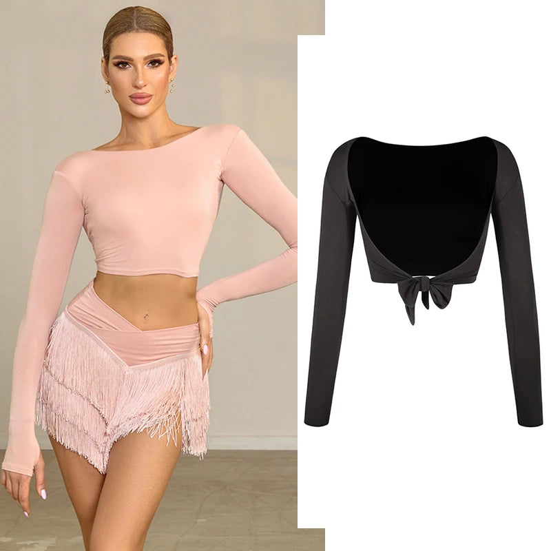 Women's Pink Long Sleeve Crop Top & Fringe Skirt Latin Dancewear Set
