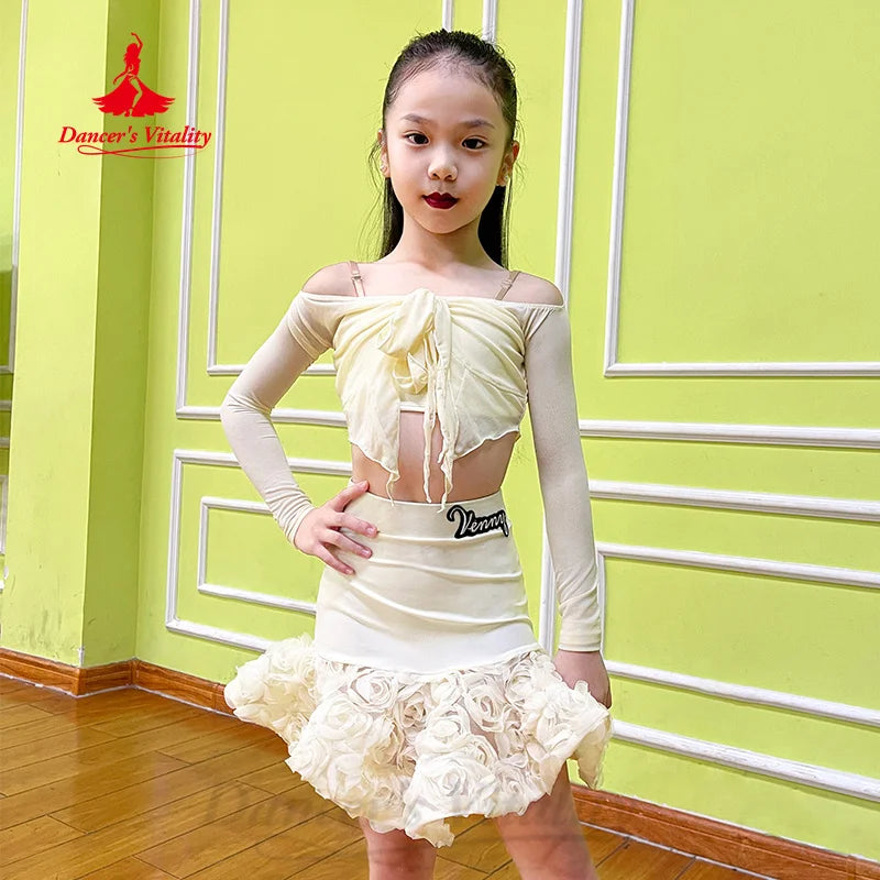 Women's Light Blue Mesh Long Sleeve Off-Shoulder Ruffle Latin Dance Top and Skirt Set