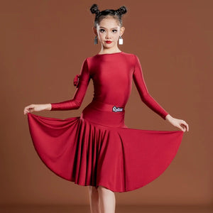 Girls Latin Dance Dress, Long Sleeve, Pleated Skirt, Ballroom Performance Costume