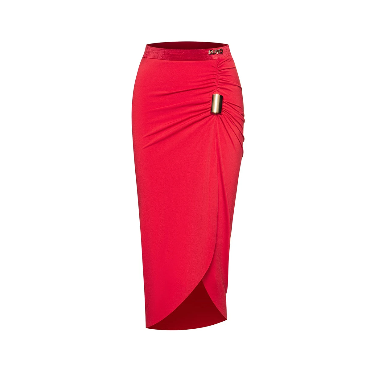 Women's Red & Black Drape Asymmetrical Slit Latin Dance Dress with Buckle Detail