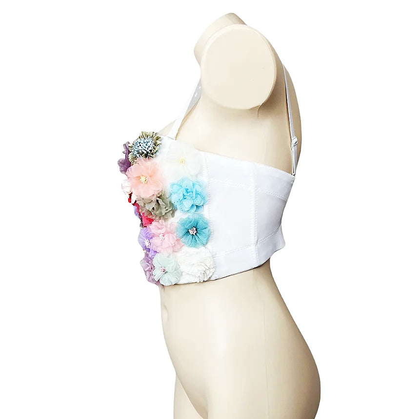 Floral Appliqué Sweetheart Bustier Top for Women, White with Multicolor Fabric Flowers, Strappy, Dancing Apparel