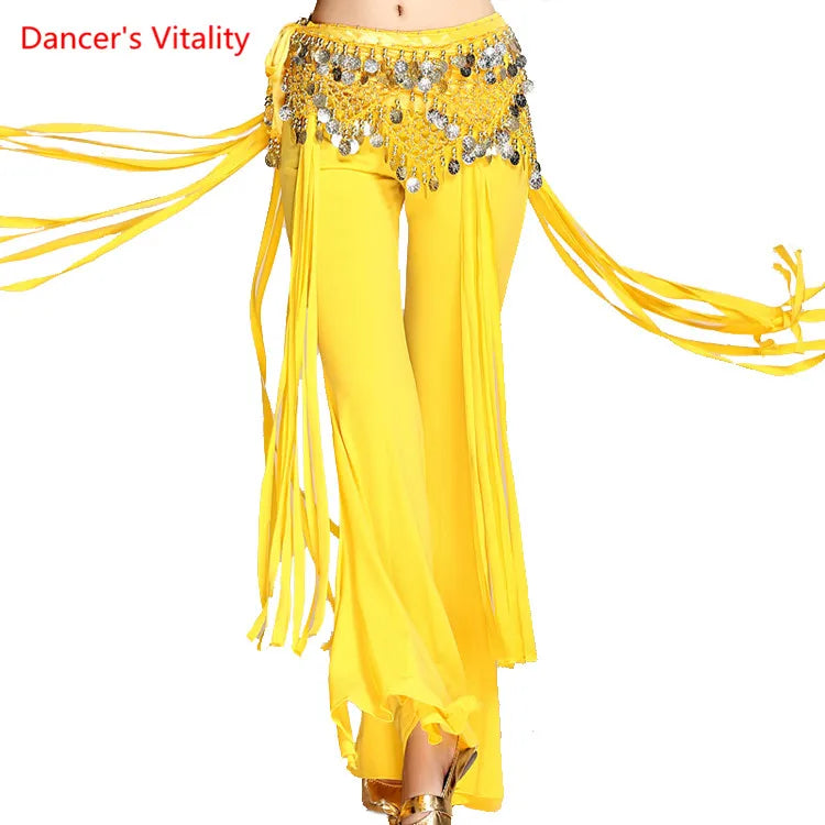 Belly Dance Pants Women's Yellow Sequin Hip Scarf Bell Bottom Slit Leg Pants for Oriental Dance Performance