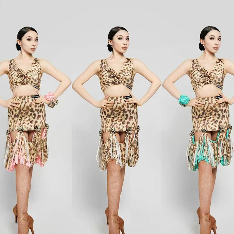 Women's Leopard Print Pink Fringe Latin Dance Dress, Mesh Sleeves