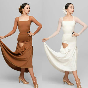 Women's White & Brown Square Neck Long Sleeve Ruffled Latin Dance Dress with Mesh Sleeves