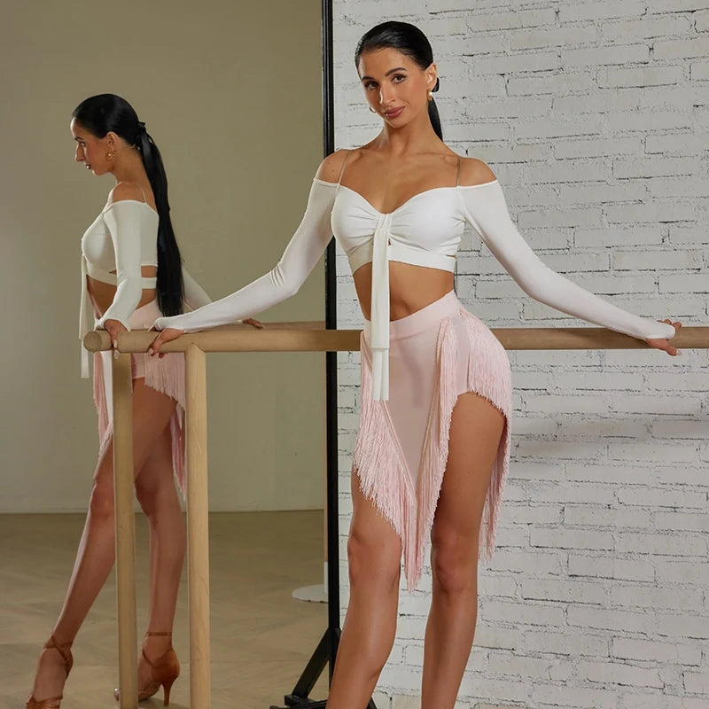 Women's Burgundy & Black Fringe Latin Dance Top and Shorts Set, Long Sleeve Sweetheart Crop Top, High Waist Fringe Shorts