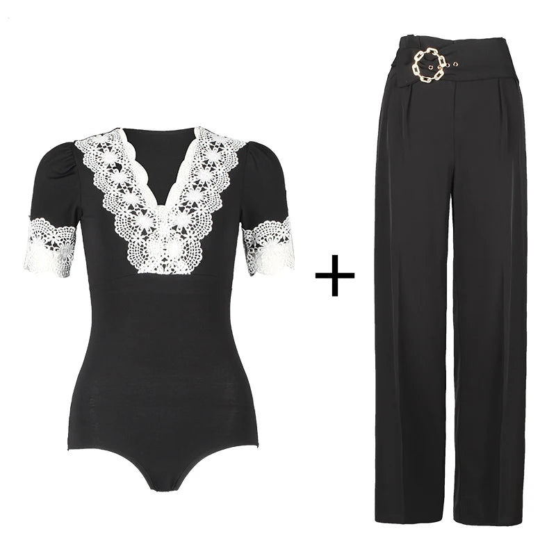 Women's Black and White Lace Leotard with Puff Sleeves, Latin Dance