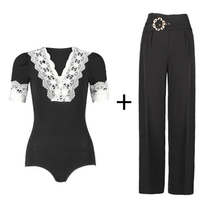 Women's Black and White Lace Leotard with Puff Sleeves, Latin Dance