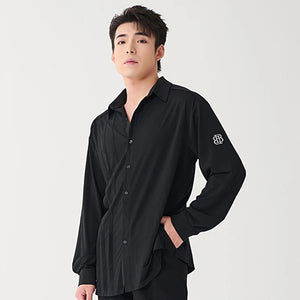 Men's Black & White Long Sleeve Button-Up Dance Shirts with Logo, Black Trousers, and Black Dance Shoes - Ballroom/Latin