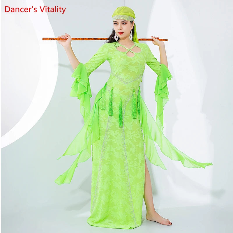 Women's Lime Green Chiffon & Lace Long Sleeve Tassel Belly Dance Dress with Headband
