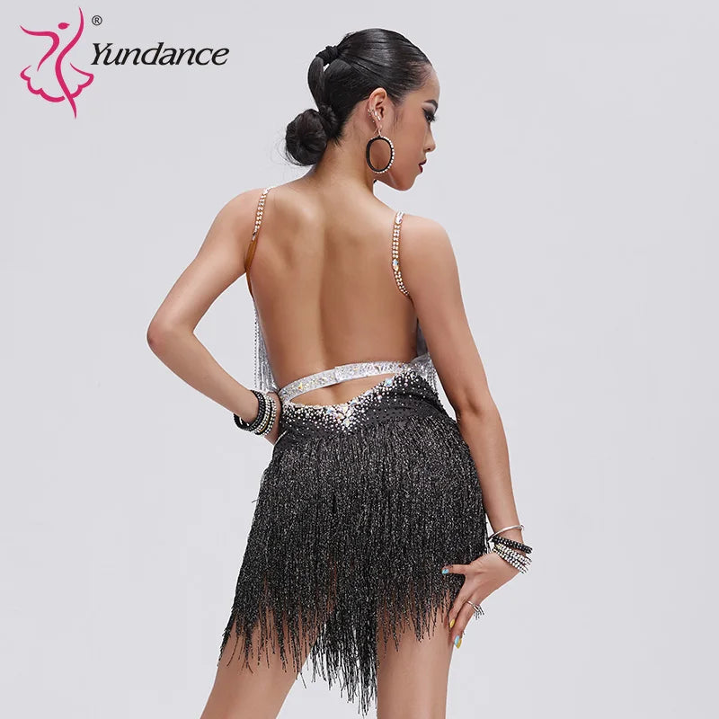Latin Ballroom Dance Dress With Rhinestones And Tassel Fringe For Adults And Kids Competition