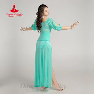 Women's Fuchsia V-Neck Long Sleeve Ruched Belly Dance Dress with High Slits and Fringe Hip Scarf