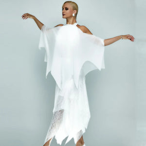 Women's White Chiffon & Lace Halter Neck Asymmetrical Overlay Ballroom Dance Dress