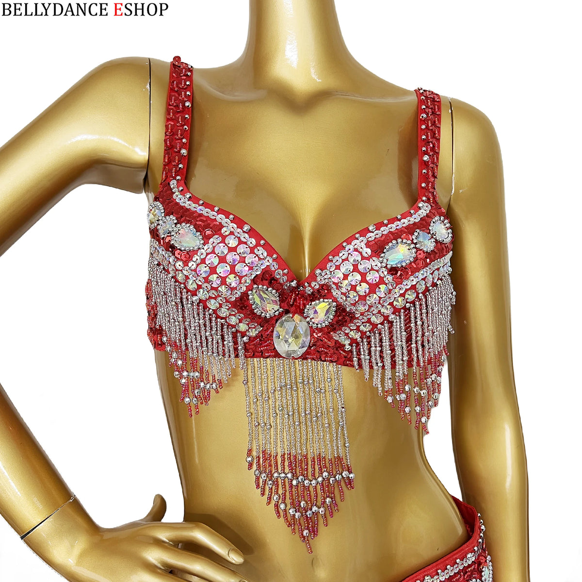 Belly Dance Costume Women Yellow & Gold Sequin Chiffon Bra Belt Skirt Set with Rhinestone Fringe