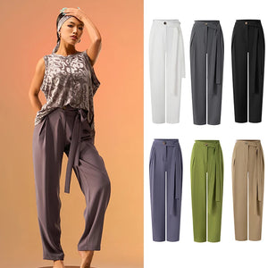 Women's Dark Mauve High-Waisted Pleated Tapered Dance Pants with Tie-Waist