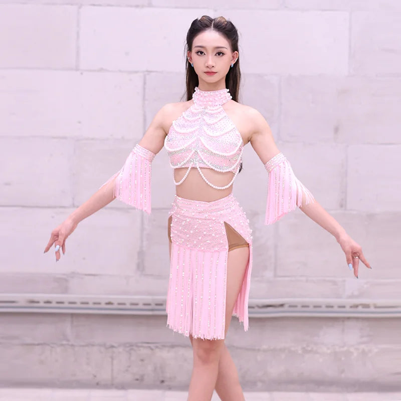 Women's Pink Sequin Pearl Fringe Halter Crop Top and Skirt Latin Dance Costume