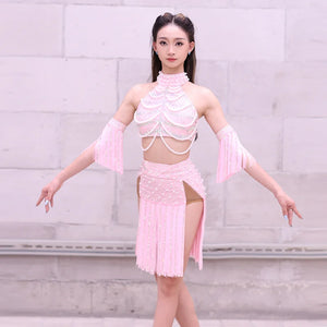 Women's Pink Sequin Pearl Fringe Halter Crop Top and Skirt Latin Dance Costume